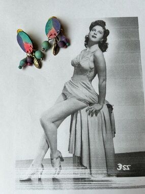 Vintage Colorful Dangle Bead clip on Earrings - Teal, Pink & Purple